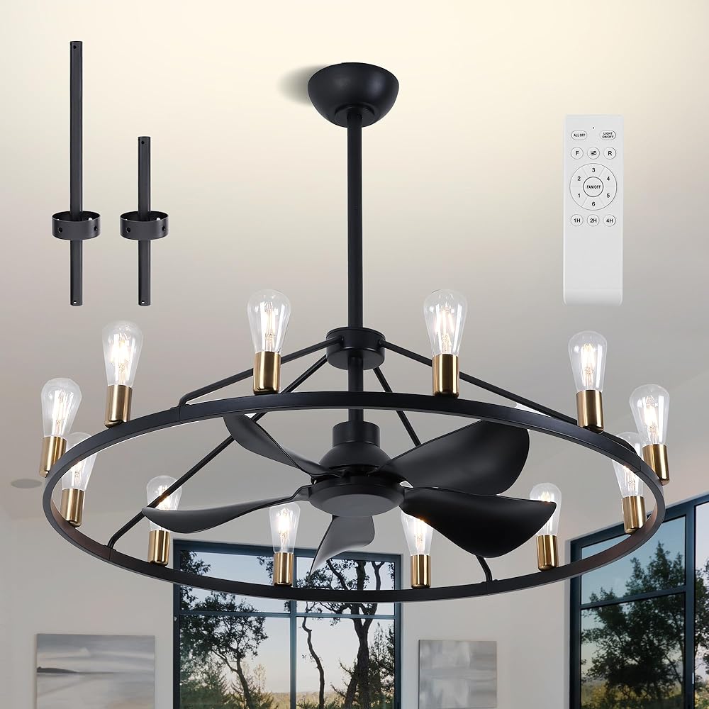 Large Wagon Wheel Chandelier Fan with Light, 5 Fan Blades, DC Reversible Motor, E26 Lights Base(Bulb not included)