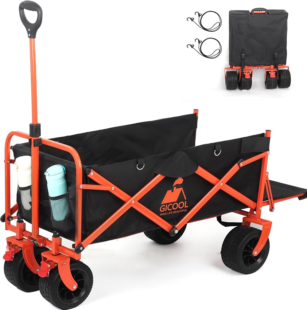 Collapsible Heavy Duty Wagon Cart with Big Wheels & Brake, Large Capacity Folding Utility Wagon Cart, for Pet Sand Outdoor Camping Garden Works Shopping, with Two Elastic Ropes