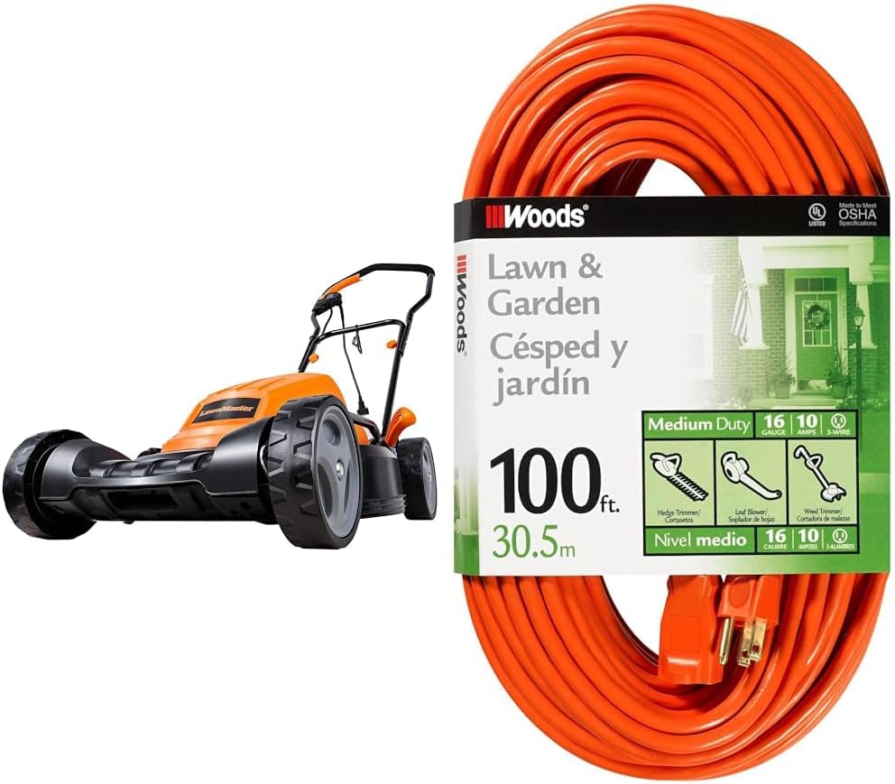LawnMaster ME1218X Electric Lawn Mower 12AMP 19-Inch & Woods 0269 16/3 SJTW General Purpose Extension Cord; Orange; 100-Foot