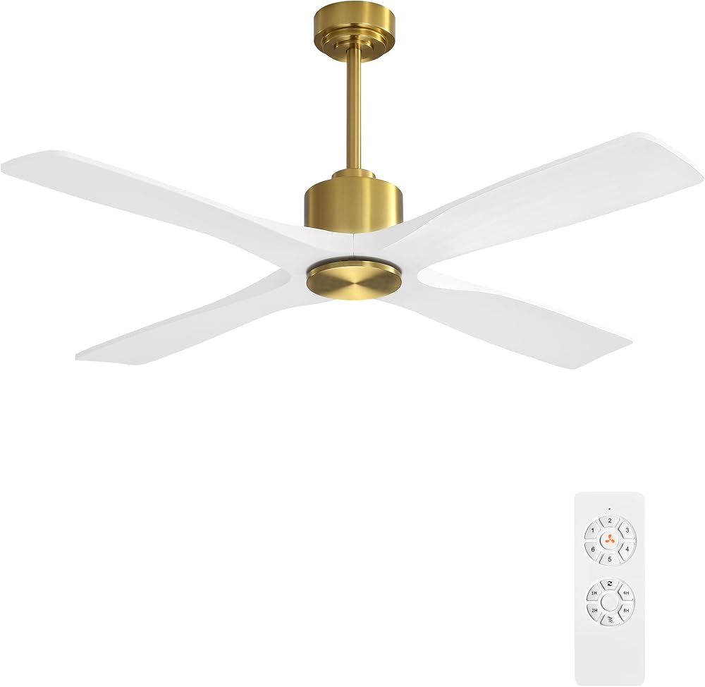WINGBO 54 Inch DC Ceiling Fan without Lights, 4 Carved Solid Wood Blades, 6-Speed Noiseless Reversible DC Motor, Modern Ceiling Fan No Light with Remote, Brass Finish with White Blades, ETL Listed