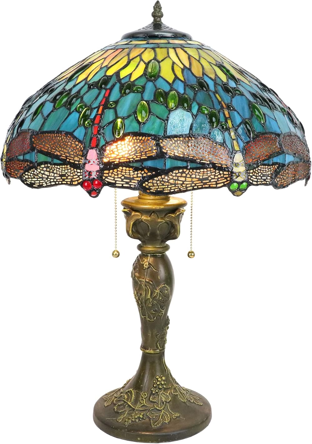 Vintage Tiffany Table Lamp for Bedroom, 16 Inch Dragonfly Stained Glass Table Lamps for Living Room, Alloy Base, Blue-Green Large Accent Dining Table Lamp