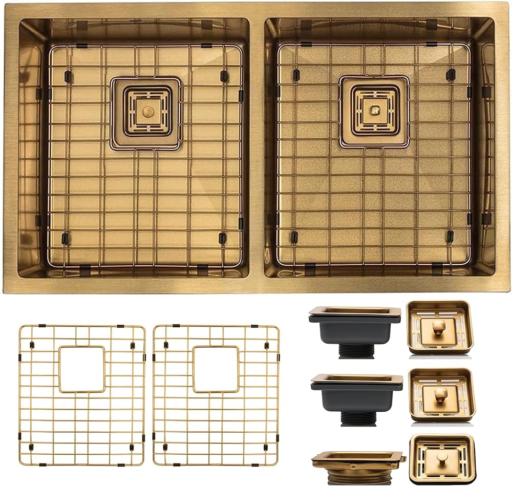 Strictly Sinks 32 Inch Undermount Double Bowl Kitchen Sink – Gold Kitchen Sink Designer Shelf Accessory 16 Gauge Stainless Steel – With Bottom Grid, 1 Disposal Adapter and 2 Strainer Drains