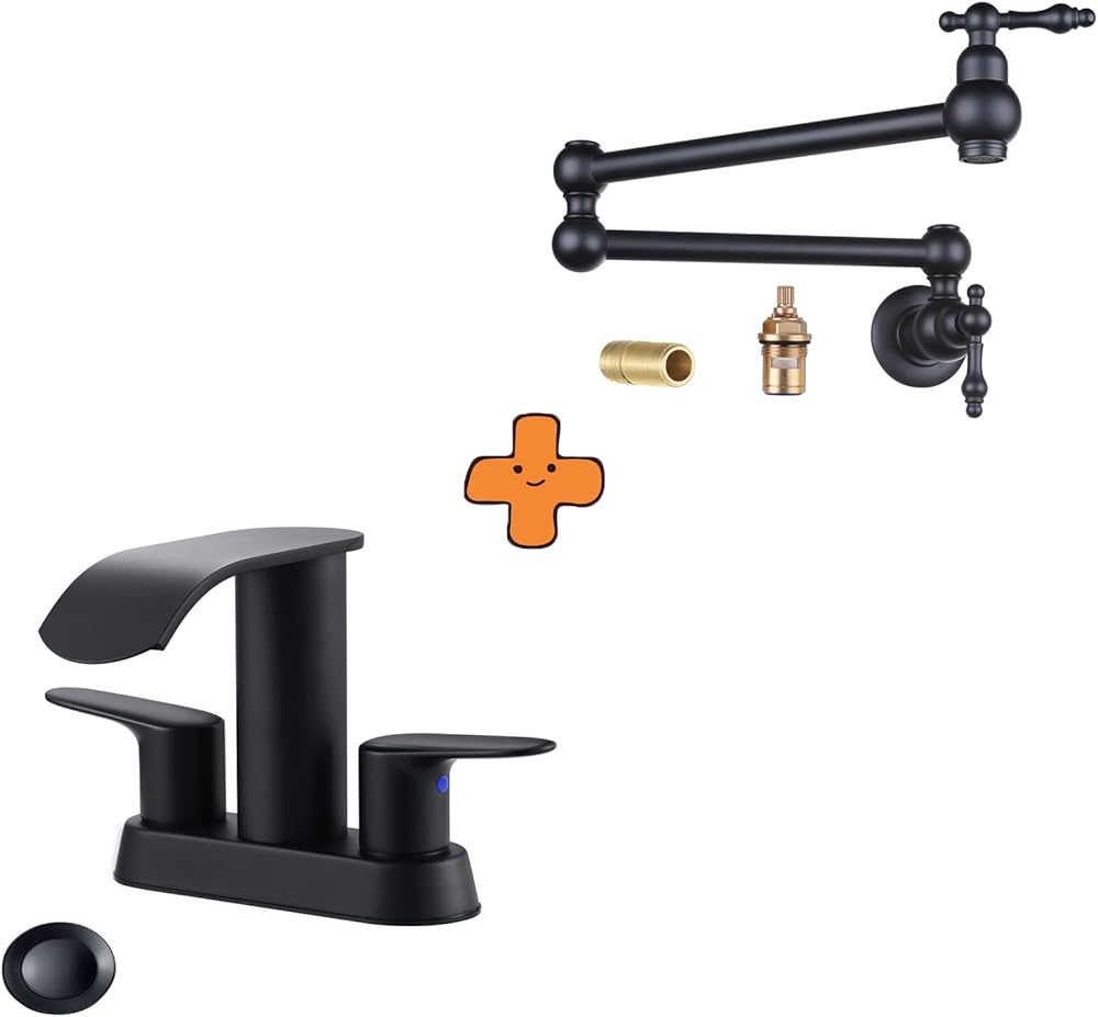 Waterfall Bathroom Sink Faucet,Matte Black Two Handles Bathroom Faucet and Pot Filler Wall Mount Copper Faucet Matte Black Pot Filler Faucet Rotatable Faucet