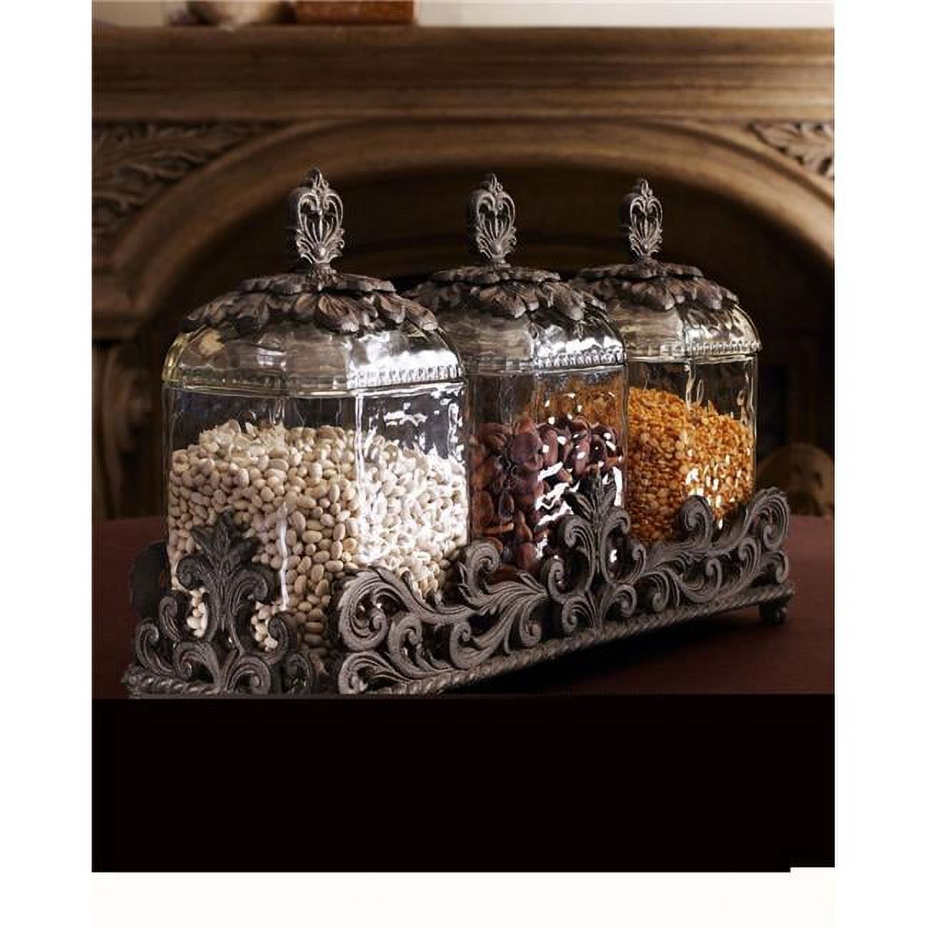 Glass Canister Set with Acanthus Leaf Metal Base - 3-Piece