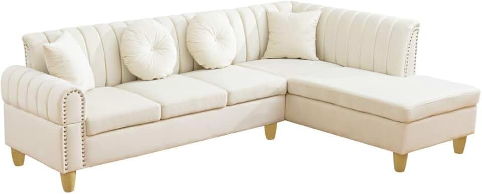 L Shape Home Furniture Modular Sectional Sofa Comfy Cozy Corner Sofas Small Fabric Couch with 4 Toss Pillow for Living Room/Bedroom/Office/Apartment, White Flannel