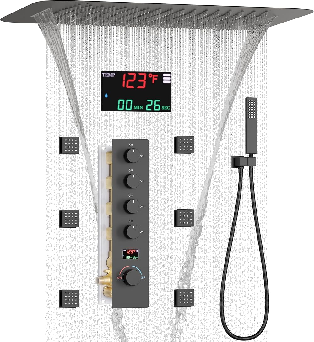 AYIVG Matte Black Thermostatic Rainfall Full Body Shower System Temperature Display Shower Faucet Set With Pressure Balancing Diverter Valve And Ceiling Mount Dual Modes 16 * 24 Inch Shower Head