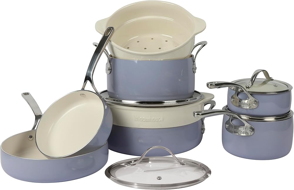 Oprah's Favorite Things - 12 Piece Aluminum Pots and Pans Cookware Set w/Non-toxic Ceramic Non-stick, Ceramic Steamer Insert, & 12 Protective Care Bags - Periwinkle Blue