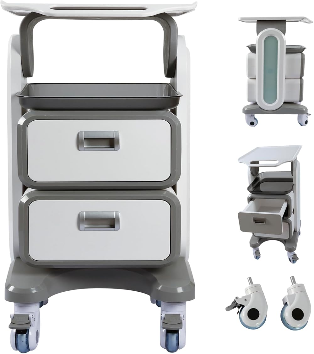 Medical Trolley Cart with Drawers, Hospital Ultrasound Cart, Rolling Bathroom Cart with Wheels and Trays, Beauty Salon Storage Cart for Estheticians, Mobile Utility Cart for Dental Clicnic, Lab