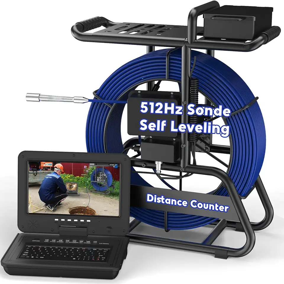 Self Leveling Sewer Camera 265ft, 0.28in Thicker Cable Drain Camera, 512Hz Transmitter, Distance Counter, Audio/Video Record, Keyboard Input, 10.1'' 1080P IPS Screen Pipe Plumbing Camera Snake