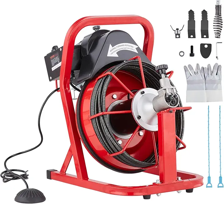 VEVOR Drain Cleaner Machine 50FT x 3/8 Inch, Auto Feed Sewer Snake Auger, Electric Drain Cleaning Machine with 4 Cutters & Air-activated Foot Switch for 2