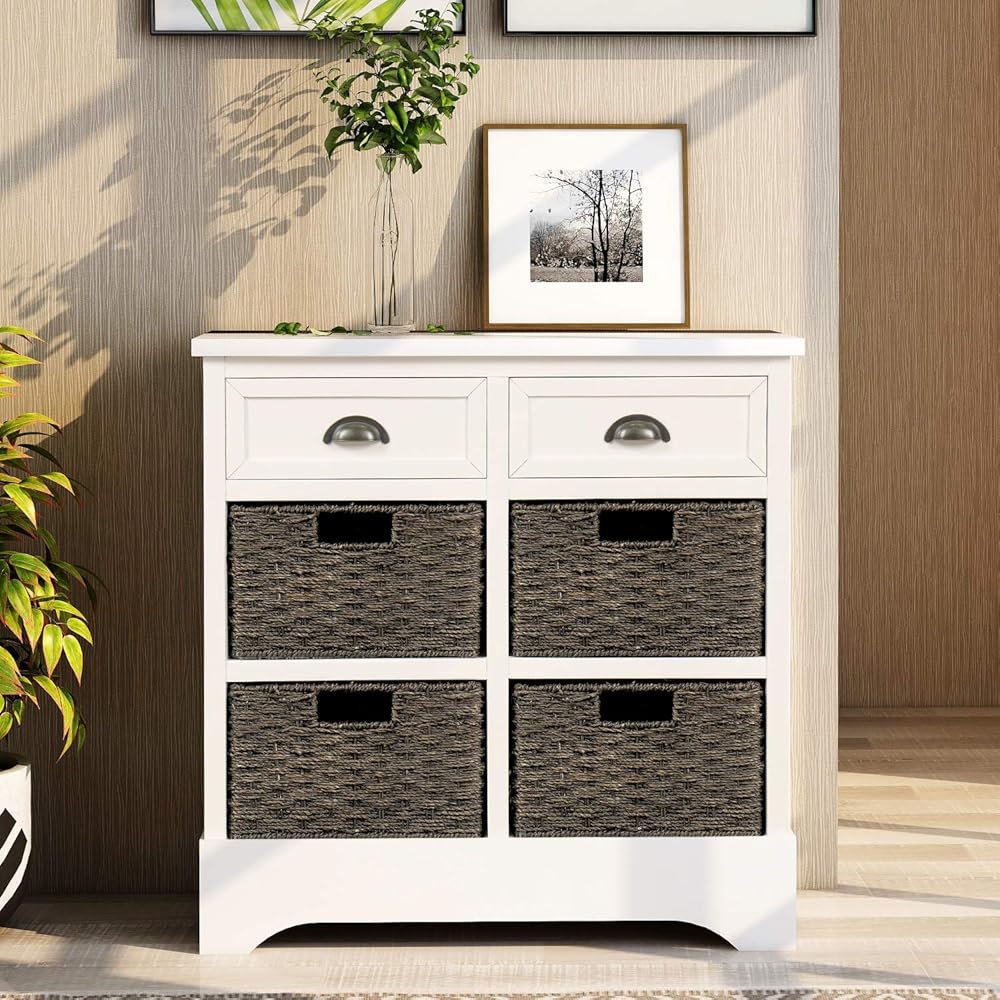 Merax White Rustic Storage Cabinet with Two Drawers and Four Classic Rattan Basket Buffet Sideboard for Kitchen/Dining Entryway/Living Room, One