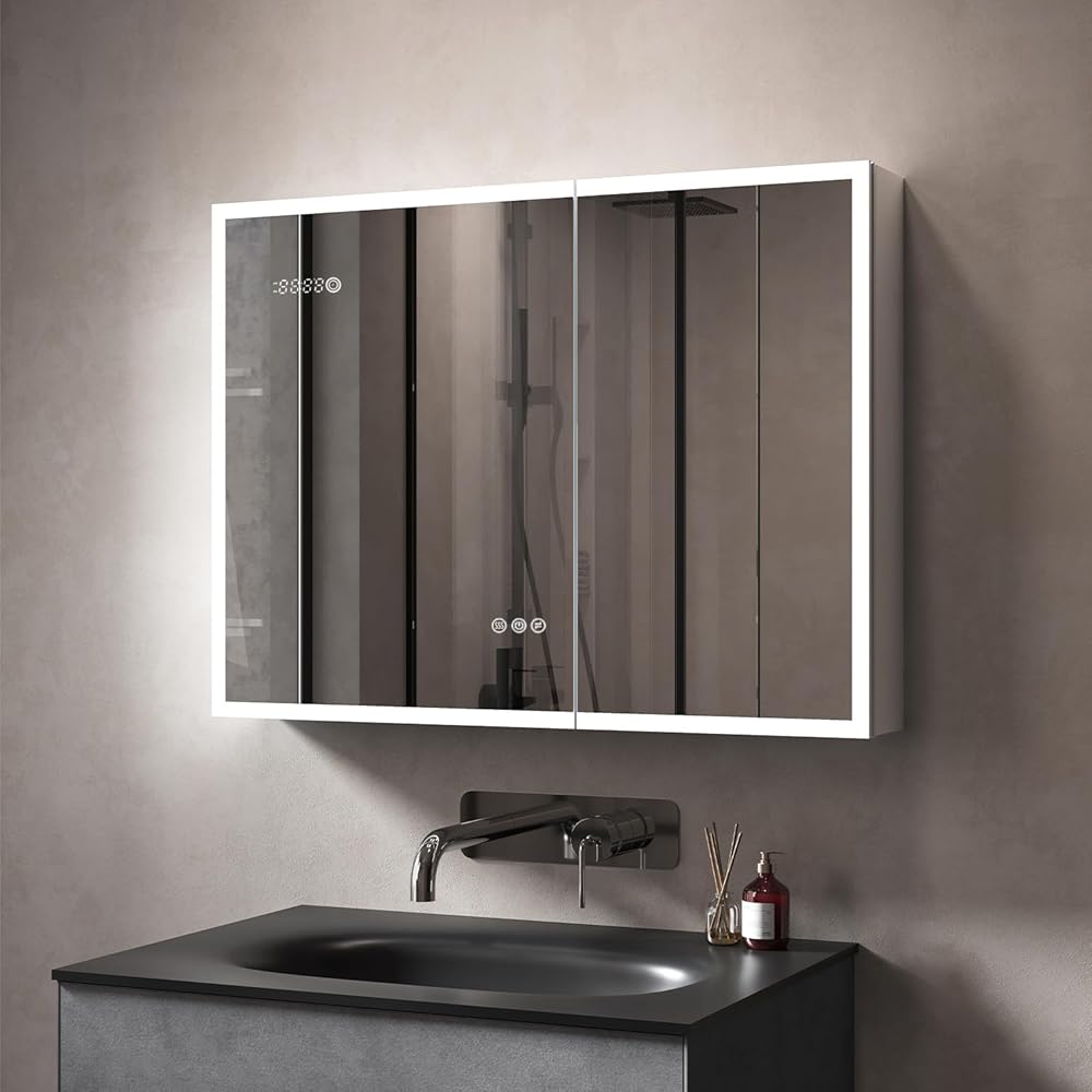 Recessed or Surface LED Mirror Medicine Cabinet with Lights, LED Medicine Cabinet with Clock and Defogger, Dimmer, Light Color Change, Outlets & USB (30x36inch)