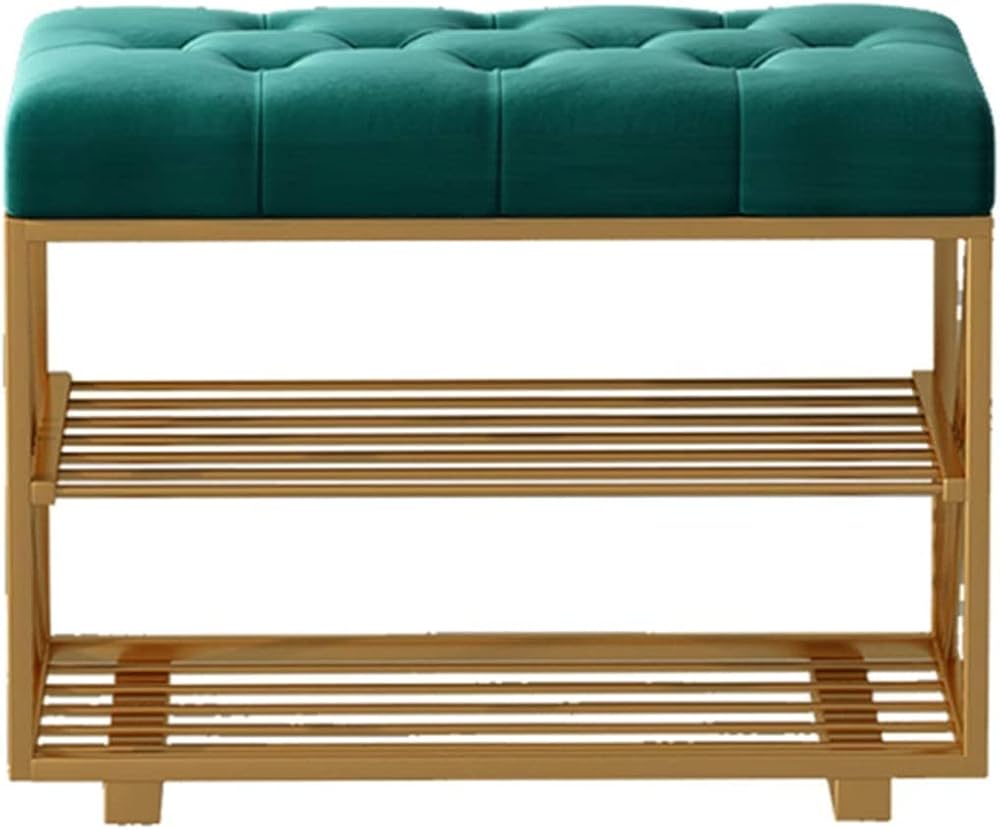 Shoe Storage Bench Entryway Hallway Furniture, Shoe Rack Bench Nordic Double Layer, Household Shoe Changing Stool with Flannel Cushion, Entrance Wrought Iron Shoe Stool Frame(Green,60*35*44cm)