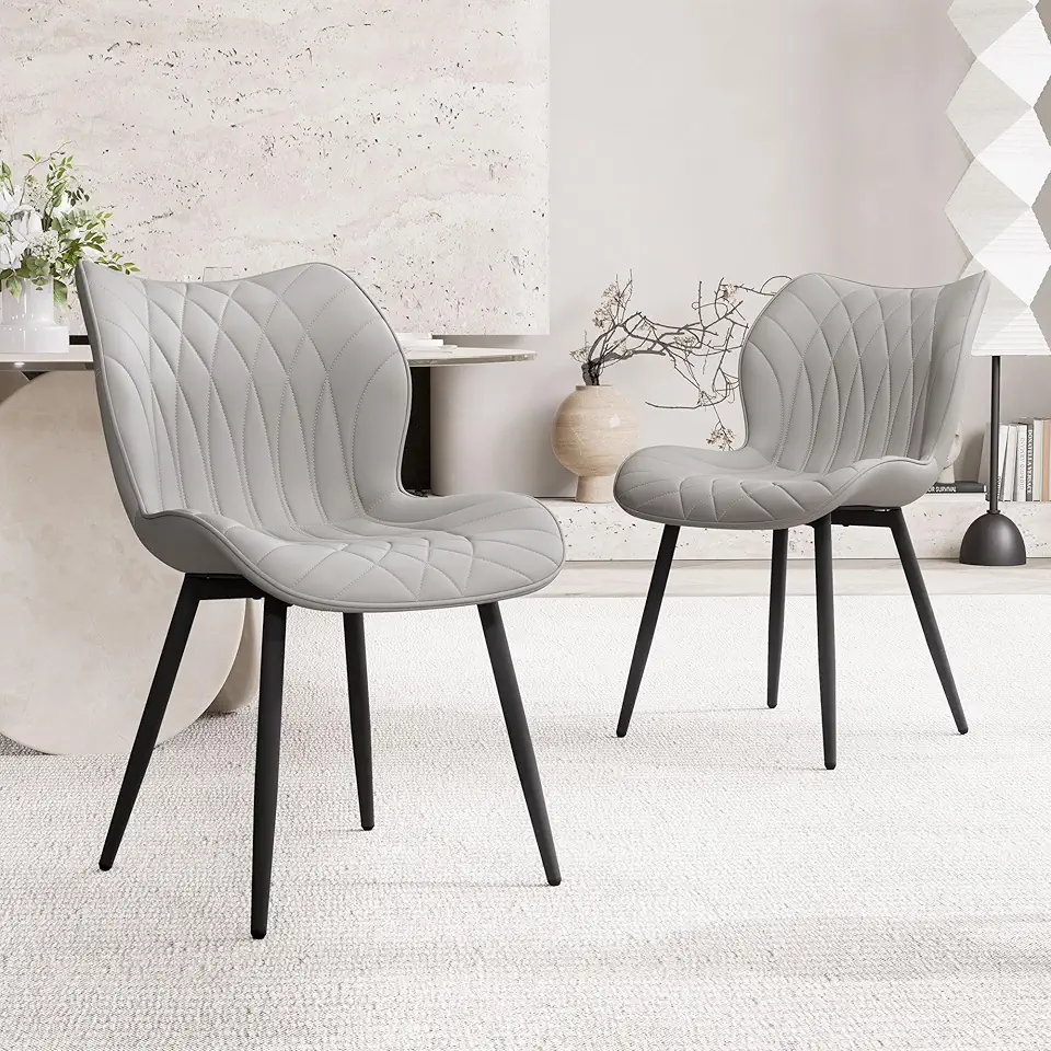 YOUNIKE Dining Chairs Set of 2, Upholstered Faux Leather Kitchen & Dining Room Chairs, Mid Century Modern Living Room Bedroom Side Chairs with Wide Wing Back and Adjustable Metal Legs, Grey