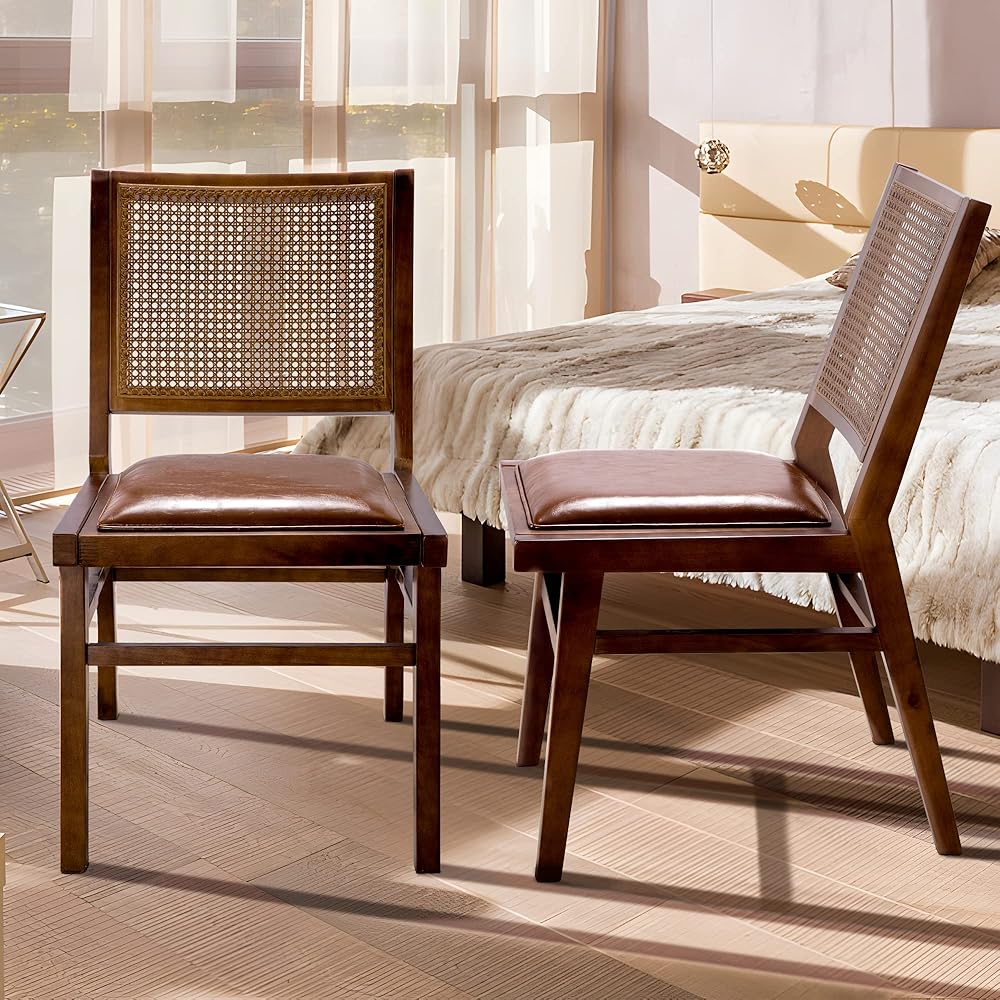 Armless Mid-Century Wooden Chair Teak Color Set of 2 - Wooden Chair with Hand-Woven Rattan Backrest, Suitable for Living Room & Kitchen, Teak Color