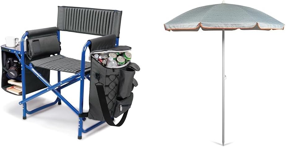 PICNIC TIME ONIVA Fusion Folding Chair, Umbrella & Accessories Outdoor Bundle, Gray with Blue Frame, 33 x 7 x 21