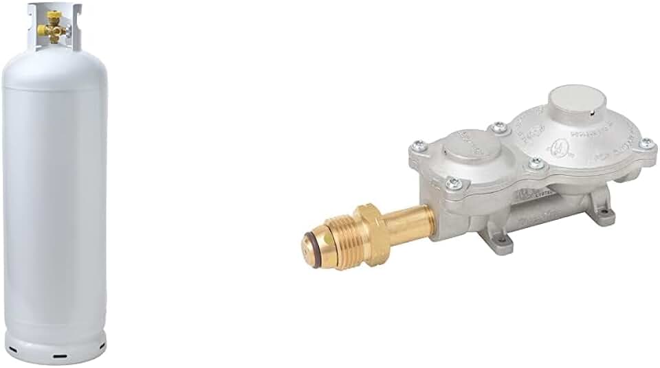 Flame King YSN100MLT-1 100LB Multi-Valve Propane Tank with High Capacity Filler, White & 2 Stage Propane LP Horizontal Super Compact Regulator with POL for RV, Vans, Trailers