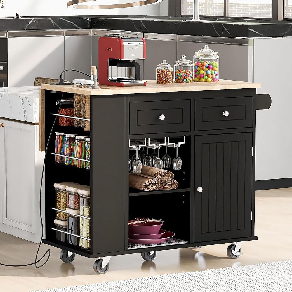 Kitchen Island with Power Outlet,Drop Leaf and Rubber Wood,Open Storage & Wine Rack,Storage Cart with 5 casters,w/Adjustable Storage for Home, Kitchen, and Dining Room, Black