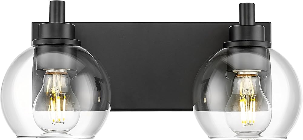 Bathroom Light Fixtures, 2 Light Matte Black Vanity Light, Modern Wall Sconces with Clear Glass Globe Shade, Bathroom Wall Lights over Mirror Kitchen Bedroom Hallway, VL195-MB-2