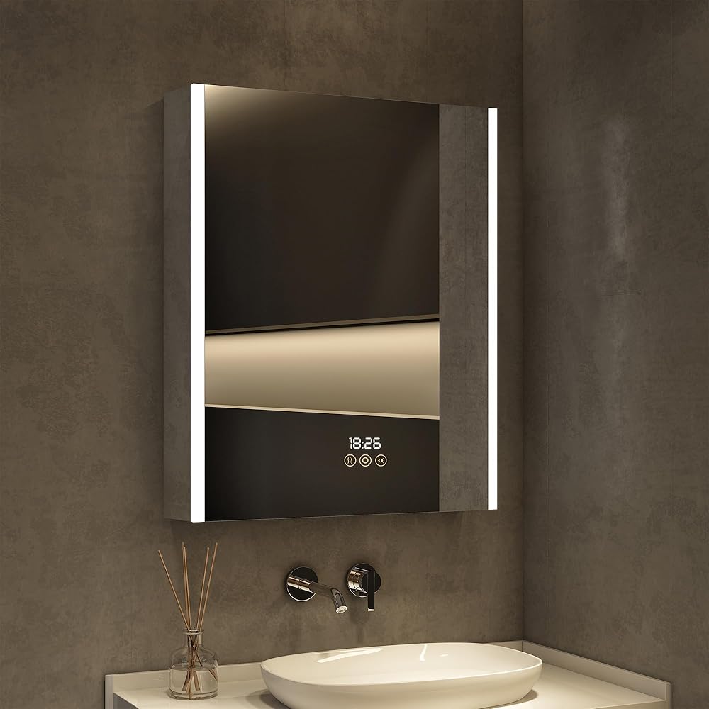 Medicine Cabinet with LED Lights and Mirror, 20 x 28 Inch Surface or Recessed Mounted Bathroom Cabinet with Door, Clock&Temp, Defogger, Memory Function, 3-Color Mode, Outlet&USB, Dimmer