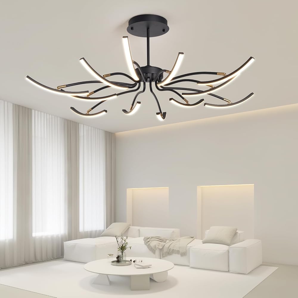 Modern Led Chandelier Dimmable 3000k-7000k with Retome cotrol Black Suspension Adjustable Hanging Lighting for Dining room Living room Bedroom Kitchen Study room (Dia43.3 x H5.9)