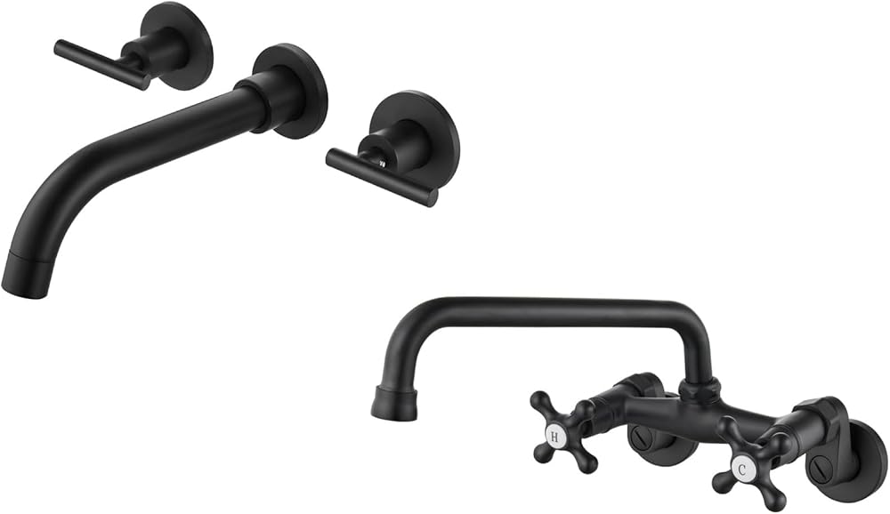 Airuida Matte Black Wall Mounted Widespread Bathroom Sink Faucet 9 Inch Spout Reach Commercial Utility Laundry Restaurant Mixer Tap