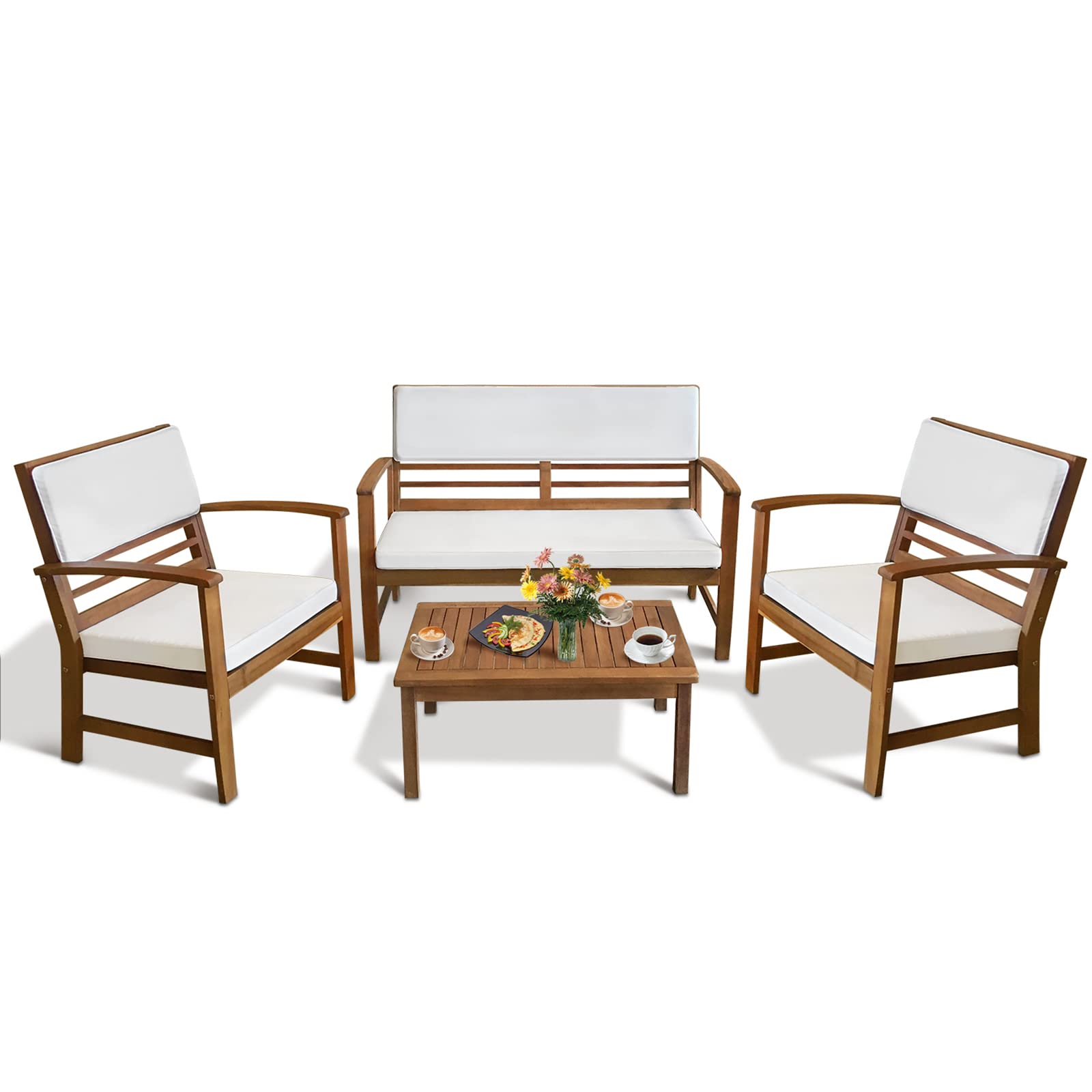 Dkelincs 4-Piece Acacia Wood Conversation Set - Outdoor Furniture Set with Water Resistant CushionsPerfect for Garden, Lawn, and Bistro
