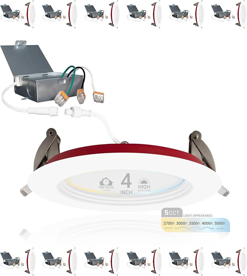 NUWATT 12 Pack, 4 Inch 2 Hour FIRE Rated Baffle LED Recessed Lighting, 27K/30K/35K/40K/50K Selectable, Dimmable, 900LM, IC Rated, 4in Canless Wafer Lights, Wet Rated Ceiling Light, No Tenmat Needed