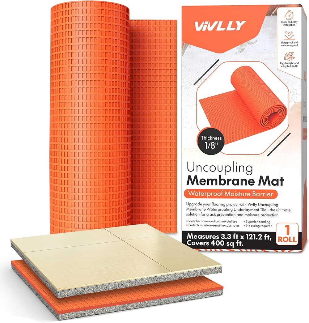 Vivlly1/8” Uncoupling Membrane for Tile, Stone, Concrete, Shower Walls, Bathroom Flooring, Waterproof Floor Underlayment Mat, Anti-Fracture Crack Isolation, 400 ft - 3.3 ft x 121.2 ft