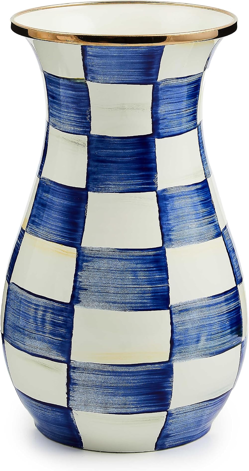 MACKENZIE-CHILDS Tall Enamel Vase, Unique Flower Vase, Decorative Table Decor for Living Room, Blue-and-White Royal Check