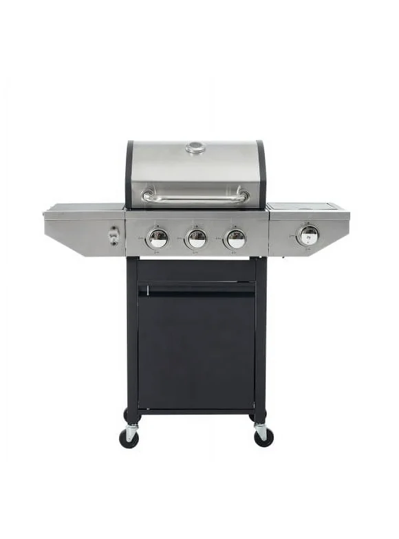 Propane Grill 3 Burner Barbecue Grill Stainless Steel Gas Grill with Side Burner and Thermometer for Outdoor BBQ, Camping