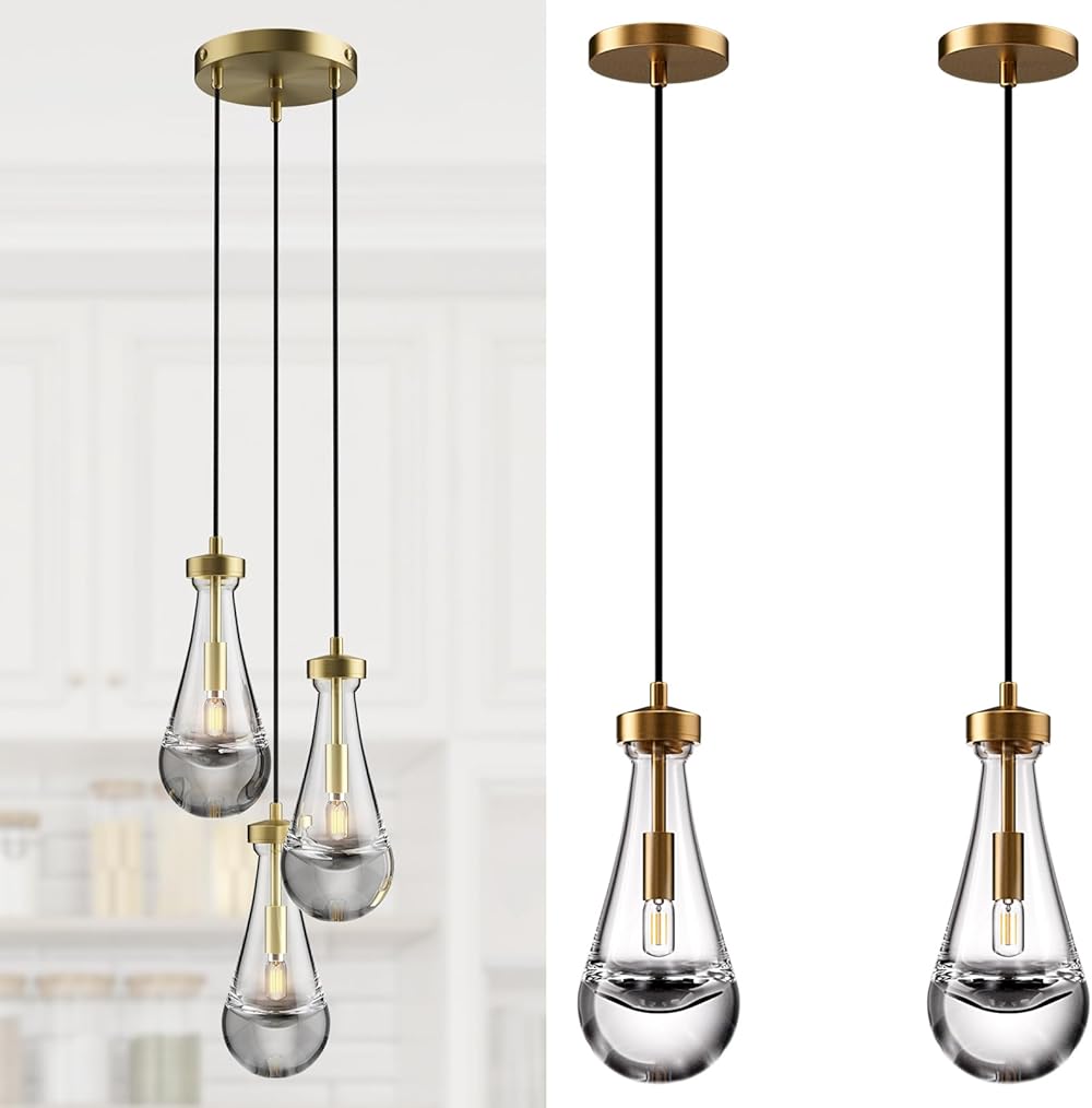 Pendant Light Fixtures,Modern Pendant Lights Kitchen Island,Brass Hanging Lights with Raindrop Glass,Raindrop Pendant Lights,Gold Teardrop 3 Light Pendant Lighting