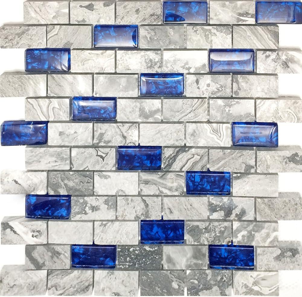 Stone Mix Glass 1x2 Subway Tile Polished Gray & Royal Blue Mosaic for Kitchen Backsplash and Bathroom Wall Natural Marble Mini Birck Mosaics Shower Floor Tiles (11 Square Feet)