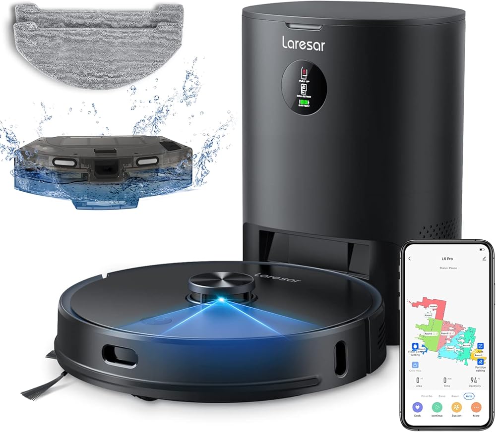 Robot Vacuum and Mop Combo, Laresar L6 Pro Robotic Vacuum Cleaner with Auto Dirt Disposal, App Control, Works with Alexa, Lidar Navigation Smart Mapping, Max 3000pa Suction for Pet Hair/Floors/Carpets