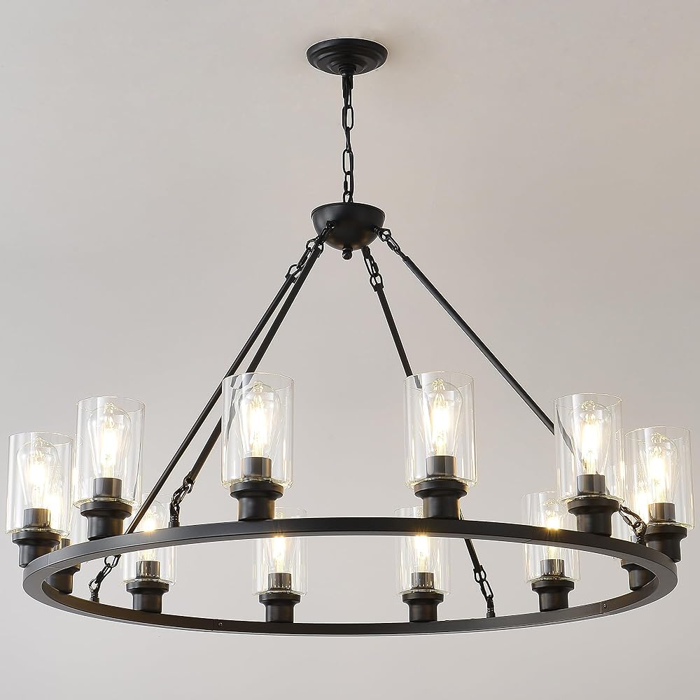 Black Large Wagon Wheel Chandelier 32 Inch Modern Farmhouse Glass Pendant Light 12-Light Ceiling Hanging Lighting Fixtures for Living Room Dining Room Kitchen Island Foyer
