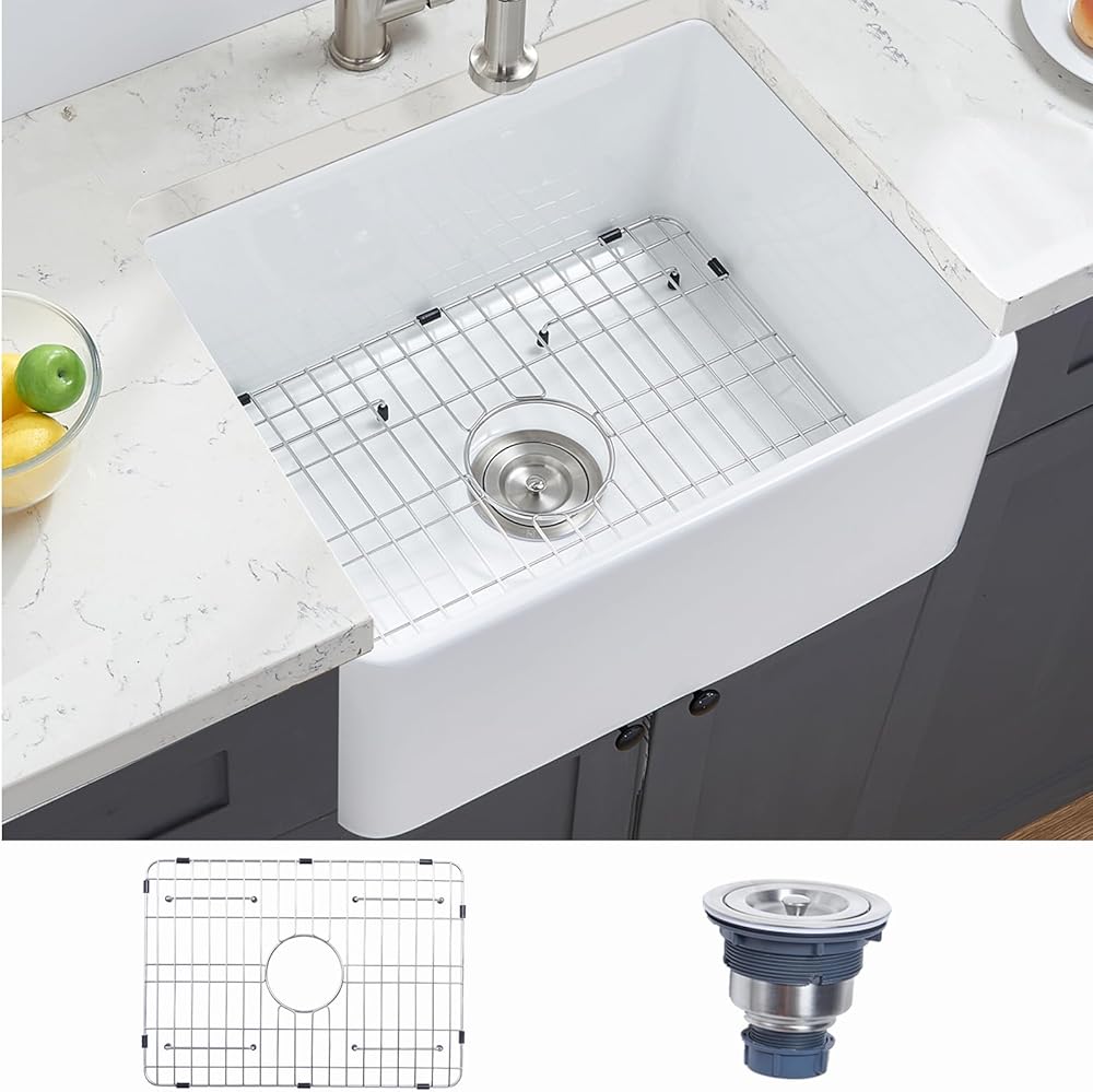 HOTIS 24 Farmhouse Sink, Small Fireclay Farmhouse Kitchen Sink, Single Bowl Deep Undermount White Ceramic Farm Sink with Custom Bottom Grid & Strainer Drain