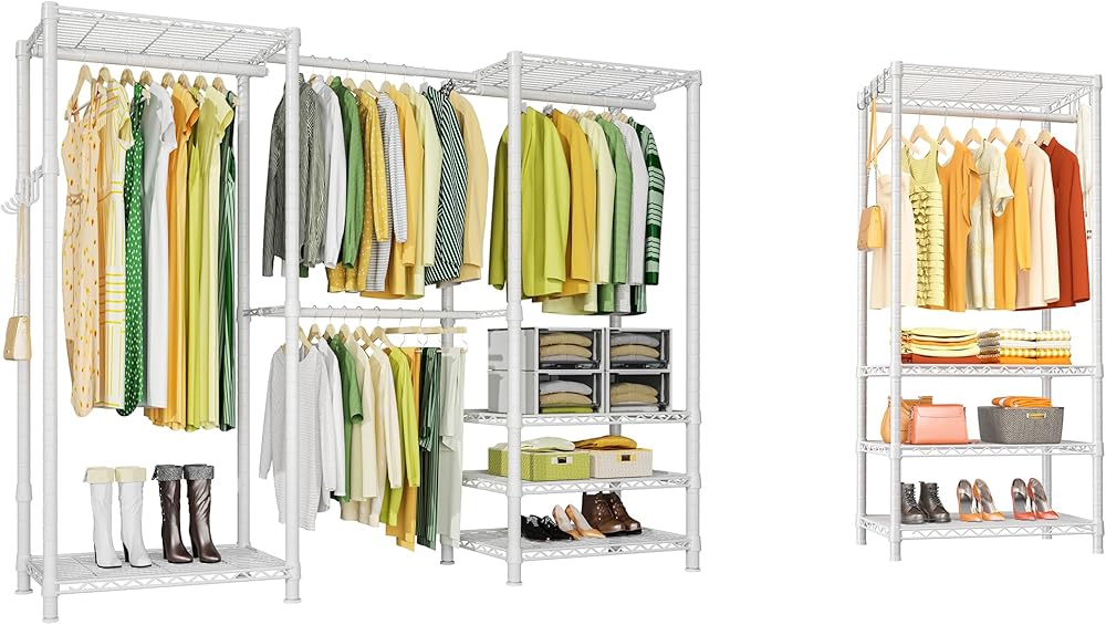Ulif E1 and H4 Mini White Garment Rack Bundle, Metal Clothes Rack and Closet Storage System with Shelves and Expandable Hanger Rods, Closet System Wardrobe for Hanging Clothing