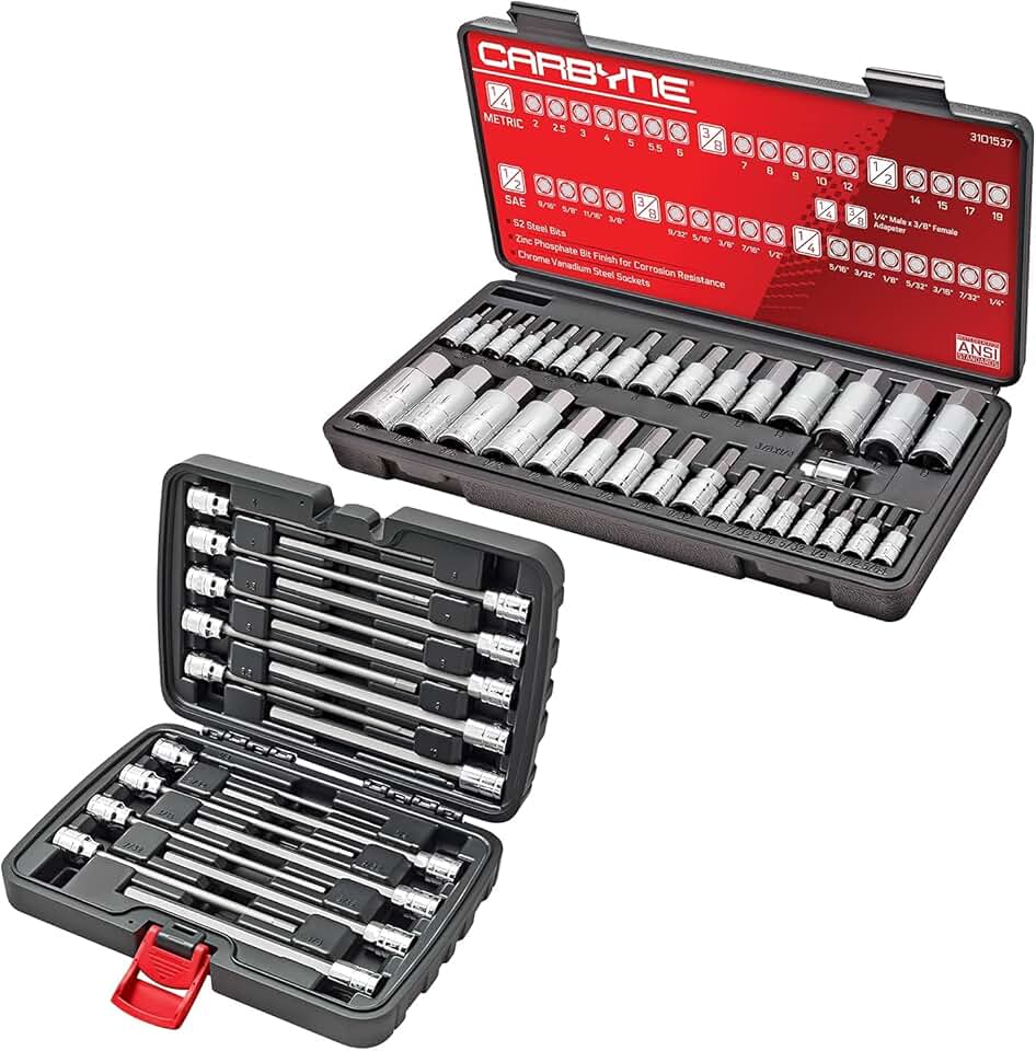CARBYNE 33 Piece Master Hex Bit Socket Set (SAE & Metric) AND 18 Piece Extra Long Hex Bit Socket Set (SAE & Metric). 51 Standard & Extra Long Hex Bit Sockets.