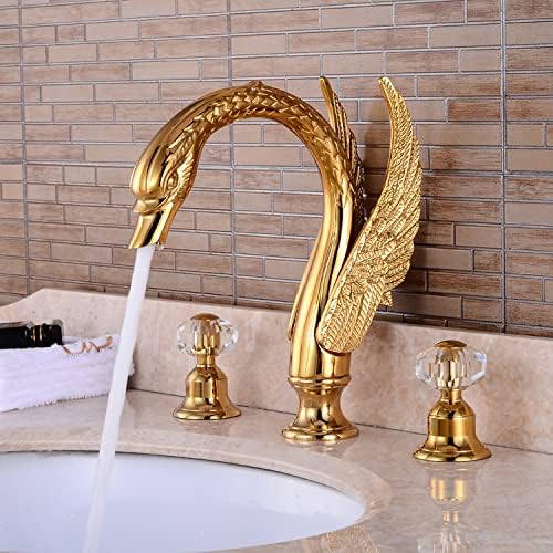 Golden Ornate Swan Style Bathroom Sink Faucet Combo Deck Mount Sink Mixer Tap Set Hot Cold Water