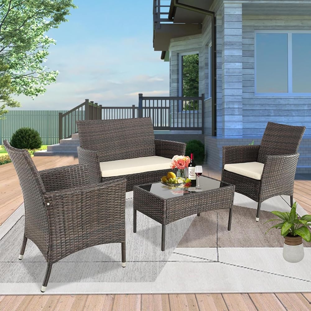 Pieces Patio Furniture Sets Outdoor Furniture PE Wicker Patio Set Patio Conversation Set Balcony Furniture with Cushions and Table for Yard,Pool or Backyard (Brown - Beige)