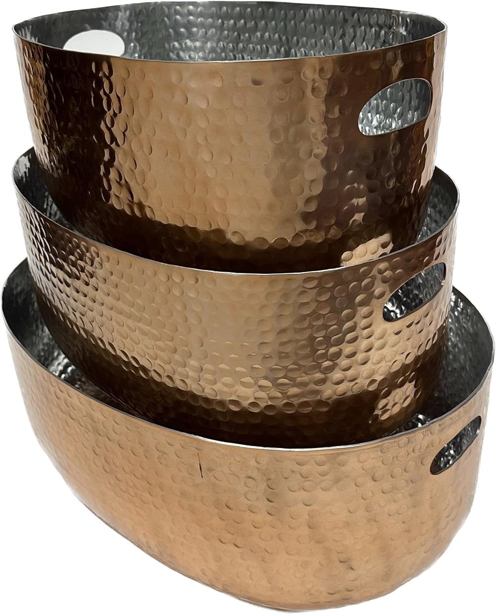 Oval Hammered Design Cutout Handles, Metallic Copper 21, 18 & 16 Inch Polished Aluminum Beverage Ice Tub; Set of 3, 75145
