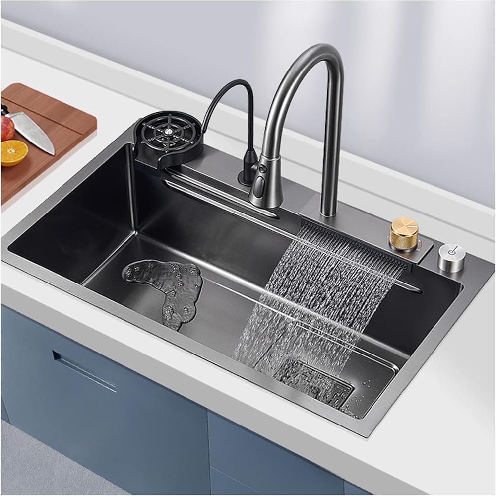 304 Stainless Steel Handmade Kitchen Sink Multi-Purpose Waterfall Bar Sink Black Rv Sink with Pull-Out Faucet and Cup Washer Top Mount Or Undermount (Color : Black, Size : 68x45x22cm)