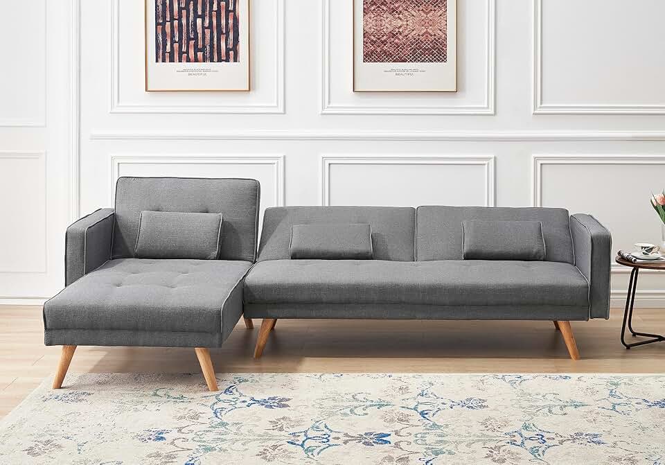 EMKK Modern Furniture Set Variable Bed Living Room Folding Sectional Sofa with Reversible Chaise Lounge, L-Shaped Couch with 3 Pillows for Office Apartment, H-Gray