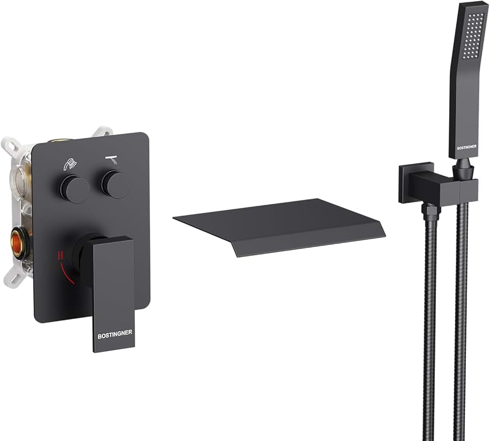 Waterfall Bathtub Faucet Set with Sprayer, Bathtub Faucet Set Push-Button, 7.9 Inch Tub Spout Filler Faucet with Waterfall, Tub Faucet Set with Handheld Shower Can Run All Together-Matte Black