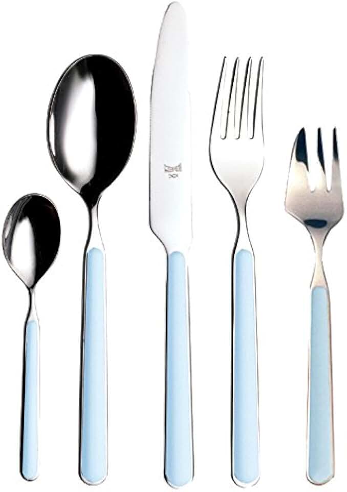Mepra Fantasia Stainless Steel Cake Cutlery Set for 6, 30 Pieces, Spoons, Forks and Knives, Light Blue
