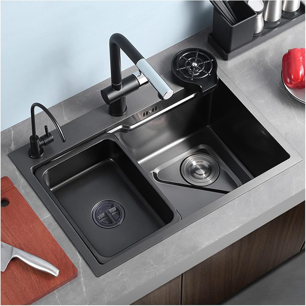 Single Bowl Kitchen Sink 304 Stainless Steel Bar Sink RV Sink with Faucet and Cup Washer Top Mount Or Undermount (Color : Black, Size : 72x46x23cm)