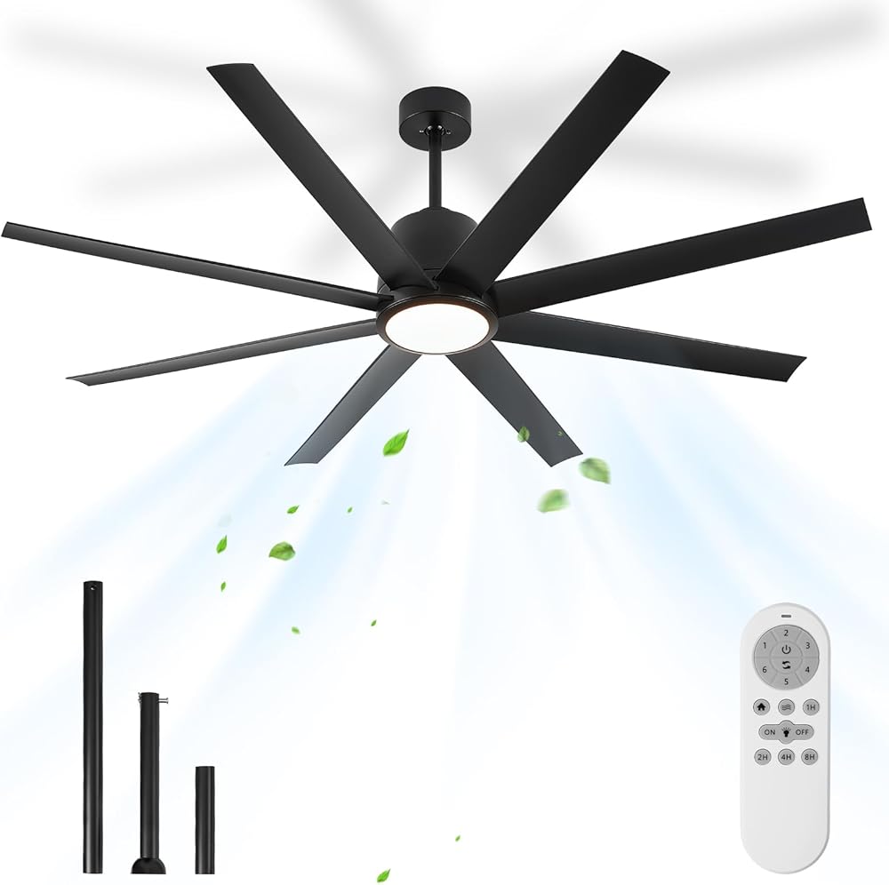 65in Black Large Ceiling Fan with Lights 8-Blade Remote Control Outdoor Fan Light for Patio Large LED Ceiling Fan Light for Garage Gym Room Living Room