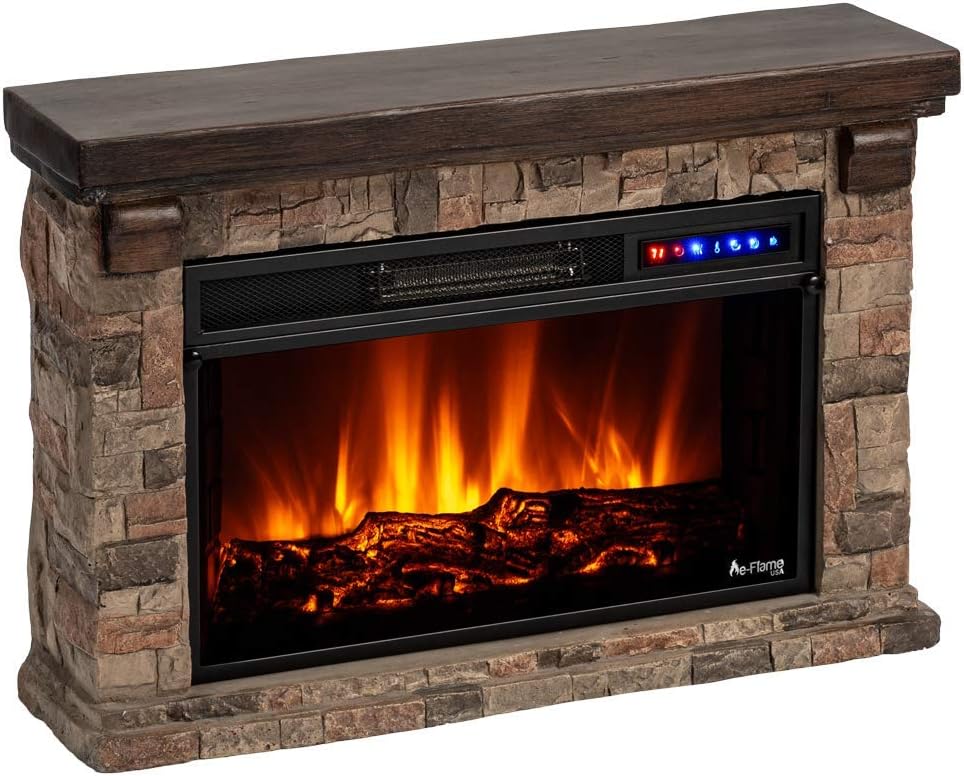 Telluride Small LED Electric Fireplace Stove with Faux Wood and Stone Mantel - Remote - 3D Log and Fire - Improved Packaging for 2022, 33