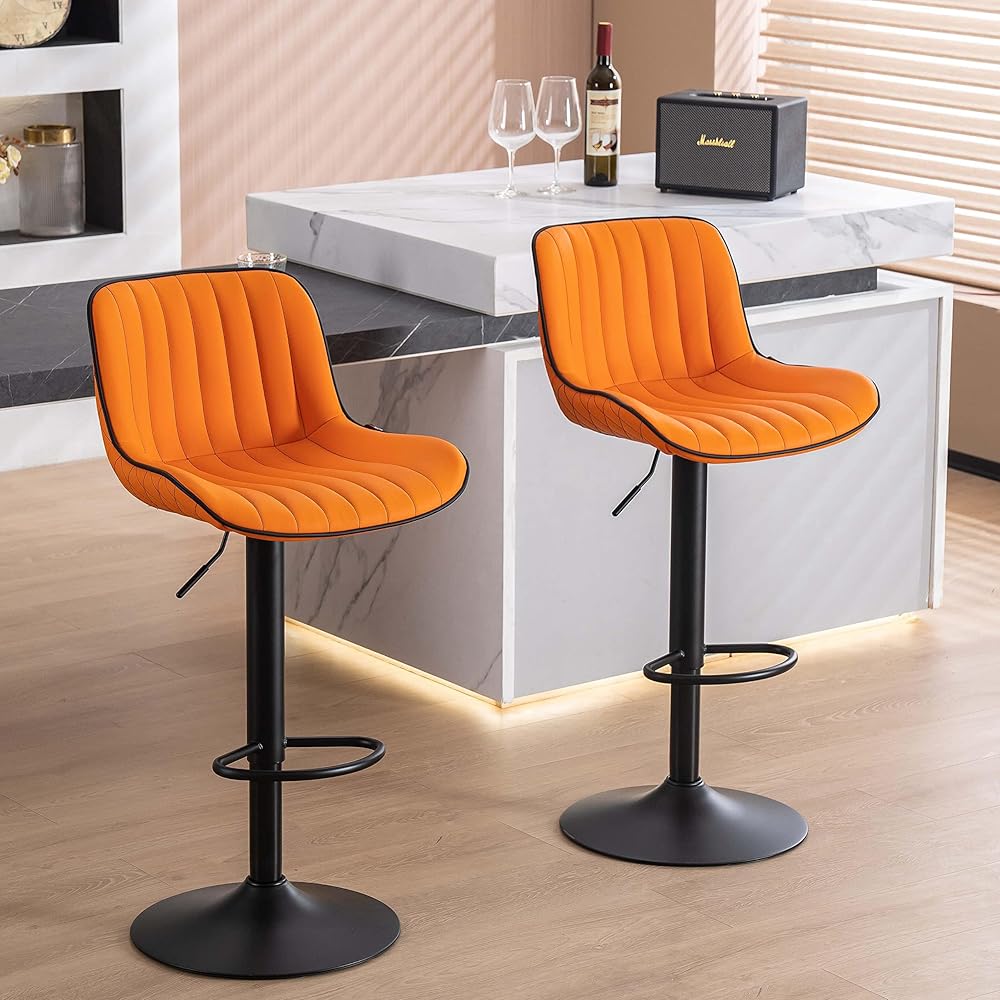 YOUNUOKE Orange Upholstered Bar Stools Set of 2 Counter Height Modern Adjustable Swivel Bar Chairs with Backs Mid Century PU Leather Padded Barstool for Home Kitchen Island