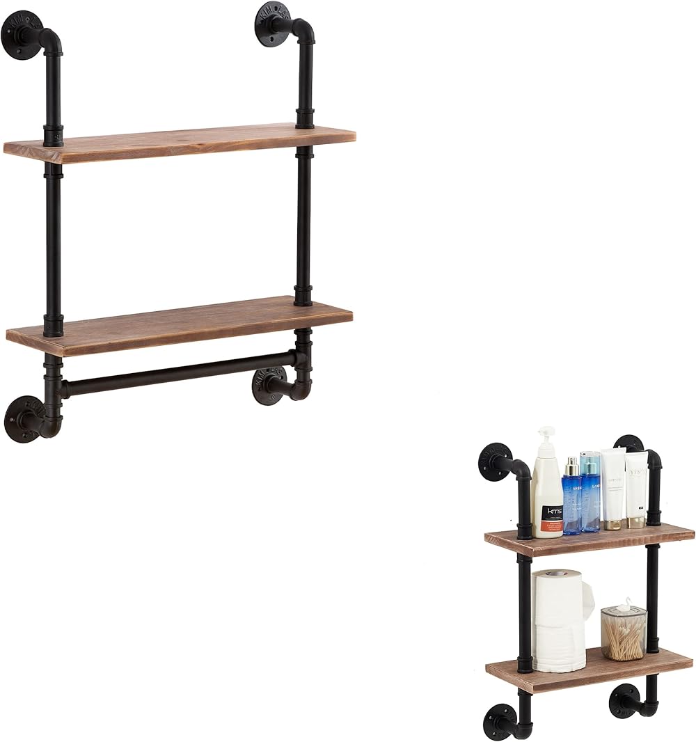 ROGMARS Furniture Industrial Pipe Shelving Bathroom Shelf Rustic Wall Shelves with Towel Bar Over Toilet, Farmhouse Towel Racks for Bathroom, 2 Tier Metal Floating Shelves with Wood Planks
